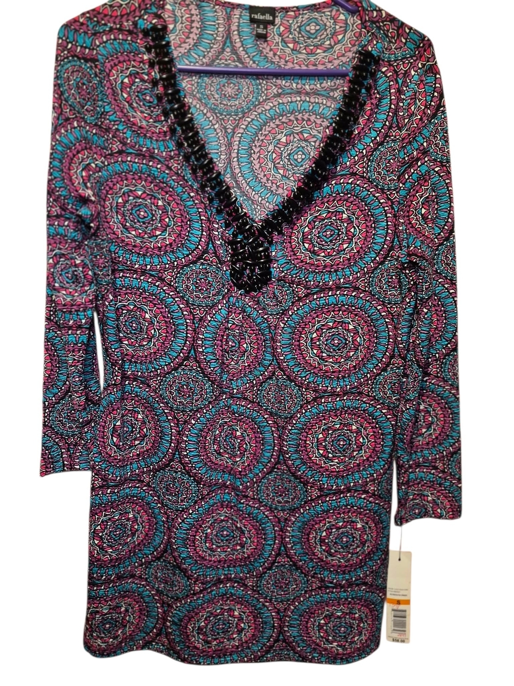 Rafaella Beaded V-Neck Tunic in Teal & Pink Medallion Print